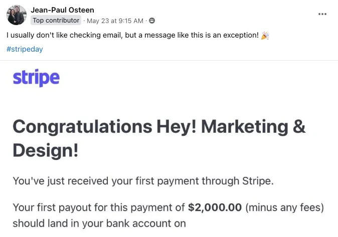 Screenshot testimonial from Jean-Paul Osteen showing a Stripe payment from a marketing client.